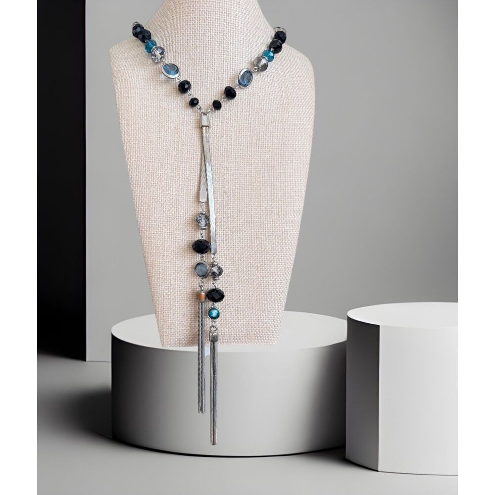 White House Black Market Y-Necklace Lariat Teal Blue Crystal Beaded Tassel